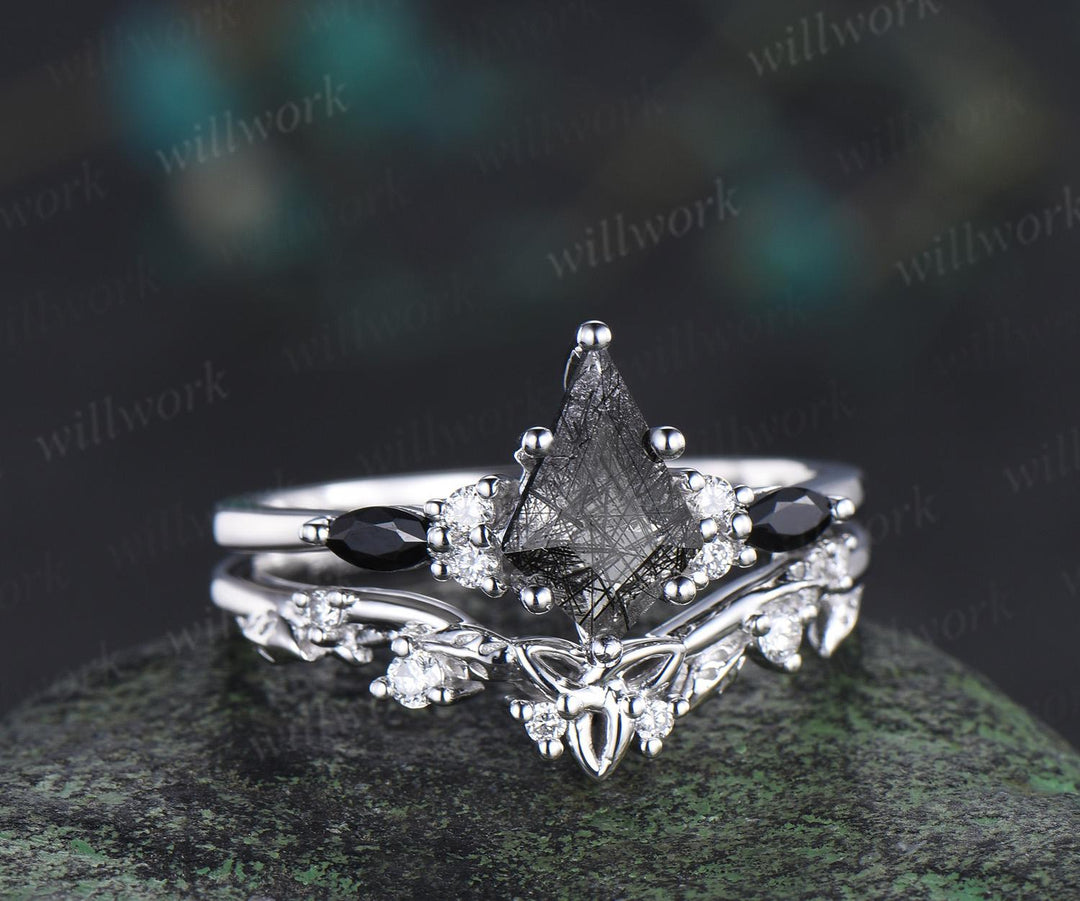 Kite cut black rutilated quartz engagement ring set 14k white gold moissanite leaf Celtic knot wedding ring band women jewelry