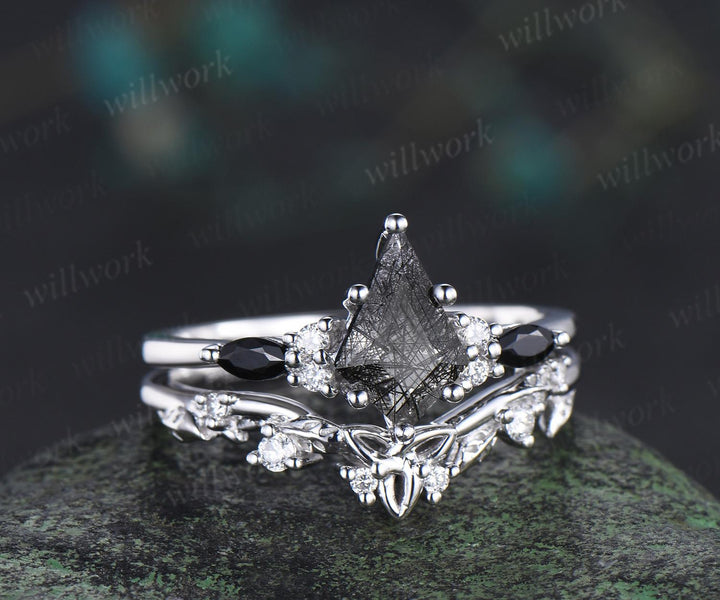 Kite cut black rutilated quartz engagement ring set 14k white gold moissanite leaf Celtic knot wedding ring band women jewelry