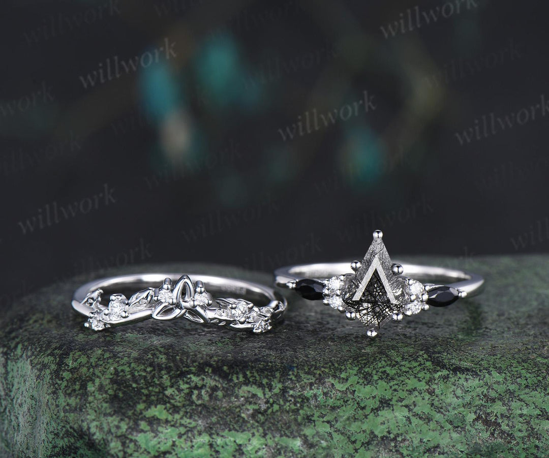 Kite cut black rutilated quartz engagement ring set 14k white gold moissanite leaf Celtic knot wedding ring band women jewelry