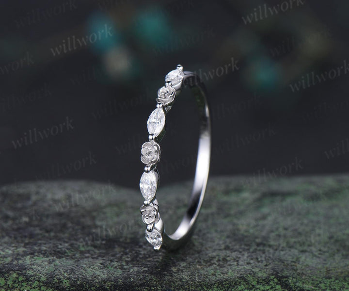 Floral marquise cut moissanite wedding band solid 14k rose gold flower half eternity stacking wedding ring  bridal anniversary ring gift