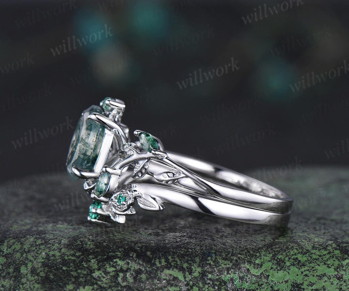 Vintage oval natural moss agate engagement ring set 14k white gold cluster leaf floral nature inspired retro emerald bridal ring set women