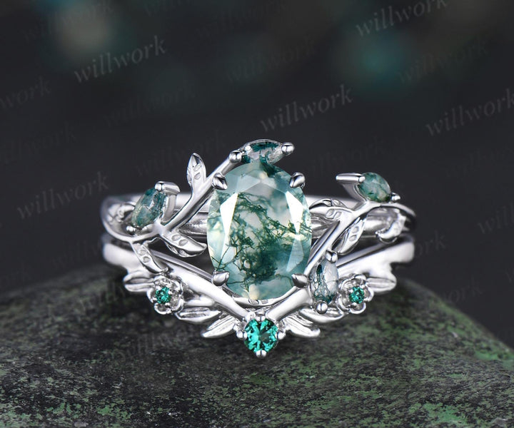 Vintage oval natural moss agate engagement ring set 14k white gold cluster leaf floral nature inspired retro emerald bridal ring set women