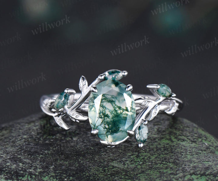 Vintage oval natural moss agate engagement ring set 14k white gold cluster leaf floral nature inspired retro emerald bridal ring set women