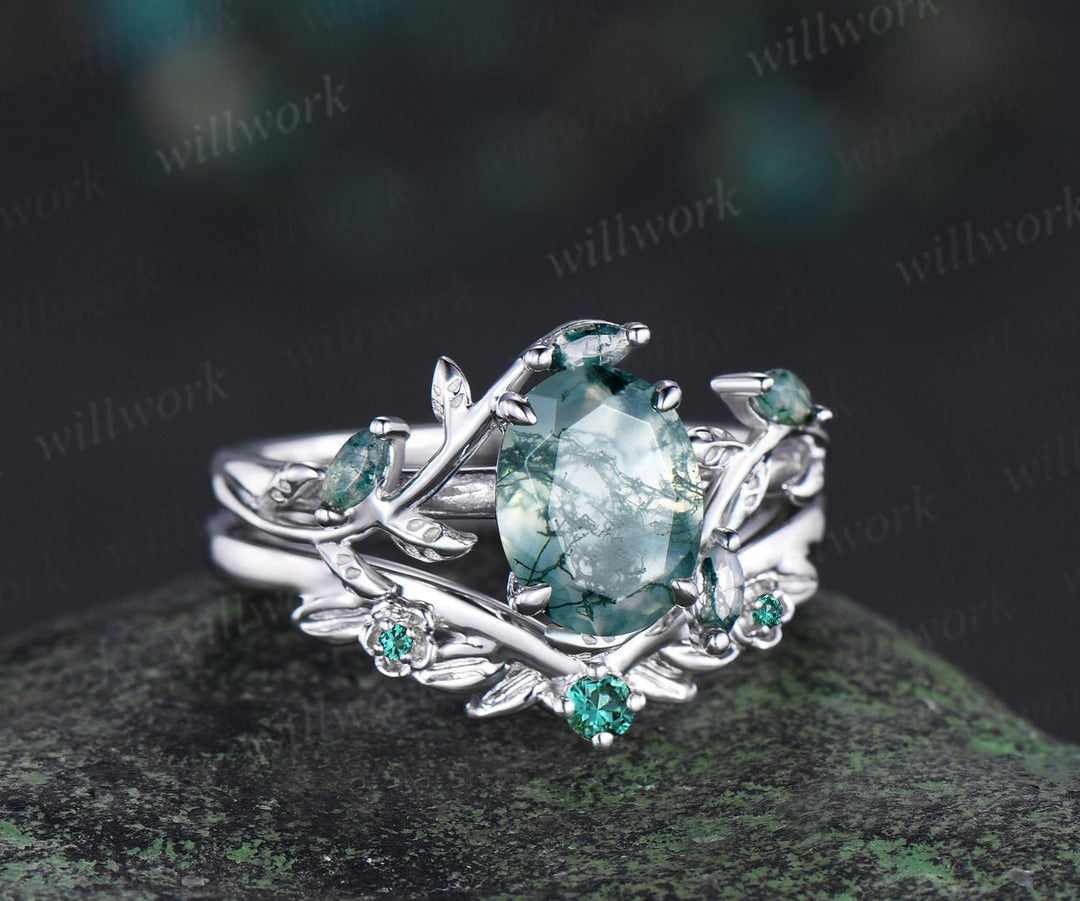 Vintage oval natural moss agate engagement ring set 14k white gold cluster leaf floral nature inspired retro emerald bridal ring set women
