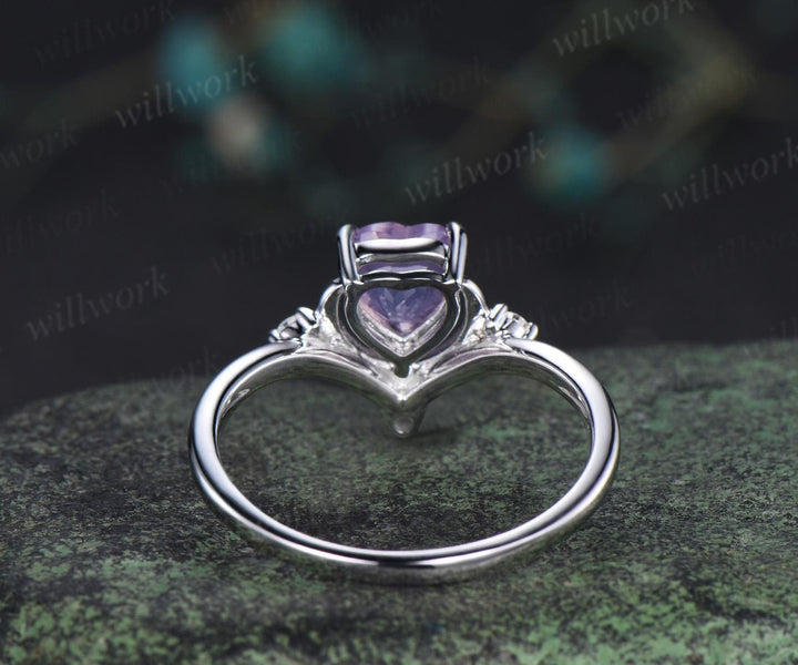 1ct Heart cut Lavender Amethyst ring white gold diamond ring vintage four stone unique moon engagement ring wedding ring women dainty gift