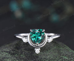 Heart cut emerald ring white gold diamond ring vintage four stone unique moon engagement ring promise wedding ring women dainty gift