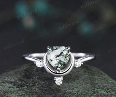 1ct Heart cut natural moss agate ring white gold diamond ring vintage four stone unique moon engagement ring green crystal ring