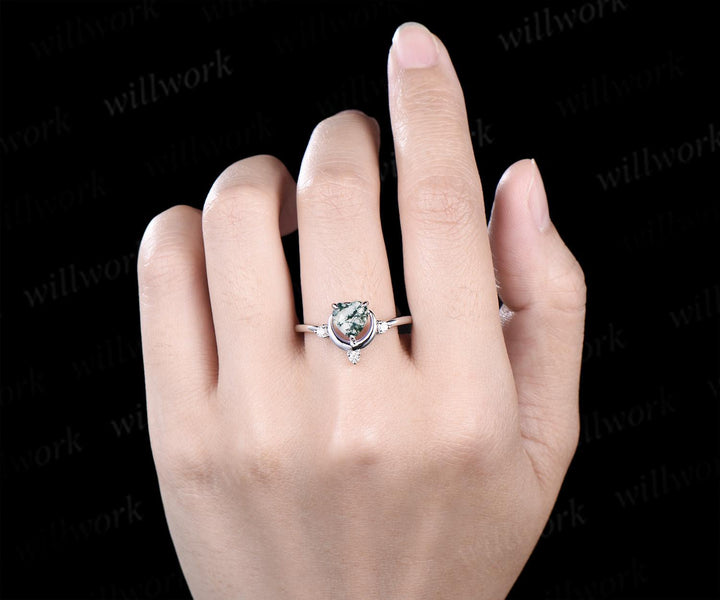 1ct Heart cut natural moss agate ring white gold diamond ring vintage four stone unique moon engagement ring green crystal ring