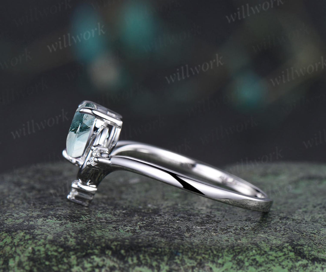 1ct Heart cut natural moss agate ring white gold diamond ring vintage four stone unique moon engagement ring green crystal ring