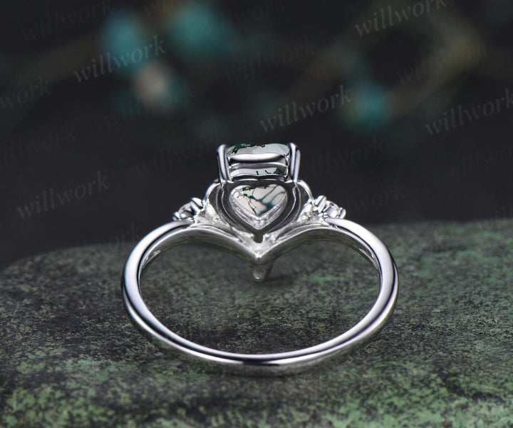 1ct Heart cut natural moss agate ring white gold diamond ring vintage four stone unique moon engagement ring green crystal ring