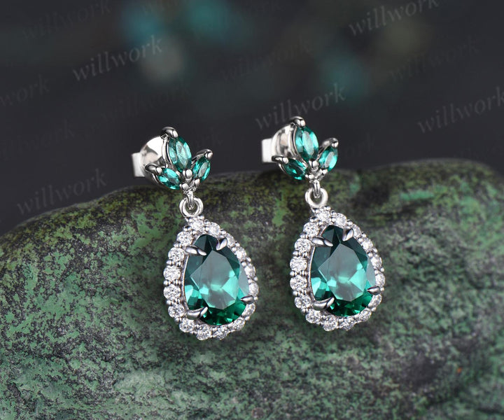 Pear teardrop cut green emerald earrings solid 14k white gold vintage leaf marquise emerald drop earrings women anniversary gift jewelry