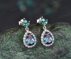 Pear teardrop cut Alexandrite earrings solid 14k white gold vintage leaf marquise emerald drop earrings women anniversary gift jewelry