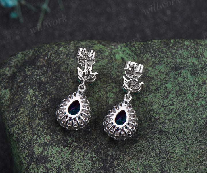 Pear teardrop cut Alexandrite earrings solid 14k white gold vintage leaf marquise emerald drop earrings women anniversary gift jewelry