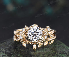 1ct round cut IGI Lab grown diamond ring 14k yellow gold branch leaf nature inspired engagement ring jewelry promise bridal set women