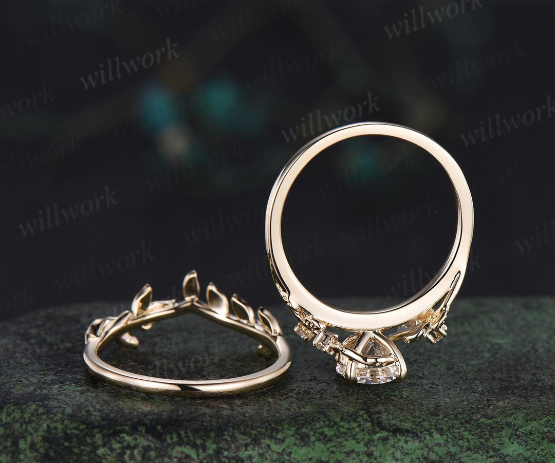 1ct round cut Lab grown diamond ring 14k yellow gold branch leaf nature inspired engagement ring jewelry promise bridal set women