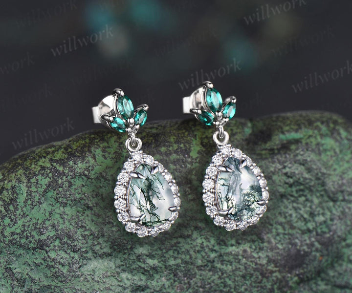 Pear teardrop cut natural moss agate earrings 14k white gold vintage leaf marquise emerald drop earrings women anniversary gift jewelry