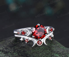 Round cut red garnet ring vintage 14k 18k white gold moon five stone unique engagement ring women bezel sun star wedding ring jewelry