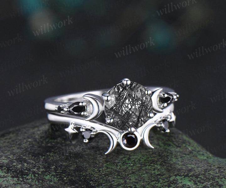 Round cut black rutilated quartz engagement ring set women white gold moon star sun wedding crystal ring dainty anniversary gift