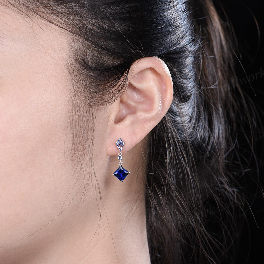 Princess cut blue sapphire earrings 14k white gold kite halo sapphire drop earrings women September birthstone anniversary gift for her