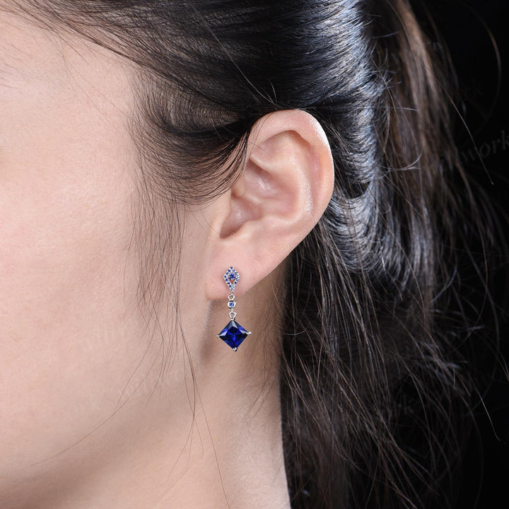 Princess cut blue sapphire earrings 14k white gold kite halo sapphire drop earrings women September birthstone anniversary gift for her