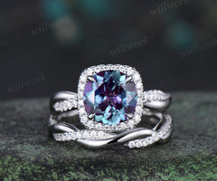 2ct Round cut Alexandrite engagement ring set infinity 3/4 eternity cushion halo diamond bridal wedding ring set 14k white gold jewelry