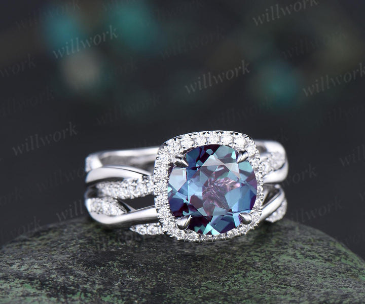 2ct Round cut Alexandrite engagement ring set infinity 3/4 eternity cushion halo diamond bridal wedding ring set 14k white gold jewelry