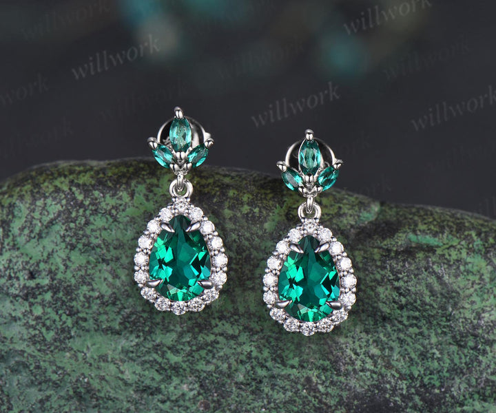 Pear teardrop cut green emerald earrings solid 14k white gold vintage leaf marquise emerald drop earrings women anniversary gift jewelry