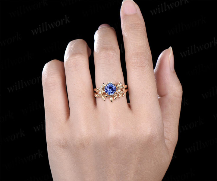 1ct Tanzanite ring vintage yellow gold diamond leaf ring set round Tanzanite engagement ring set nature inspired jewelry