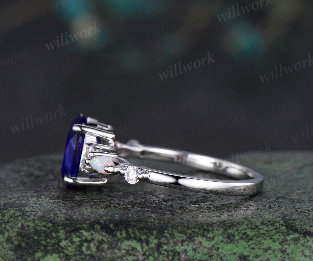 2ct oval cut blue sapphire engagement ring white gold opal diamond wedding ring women September birthstone ring women jewelry
