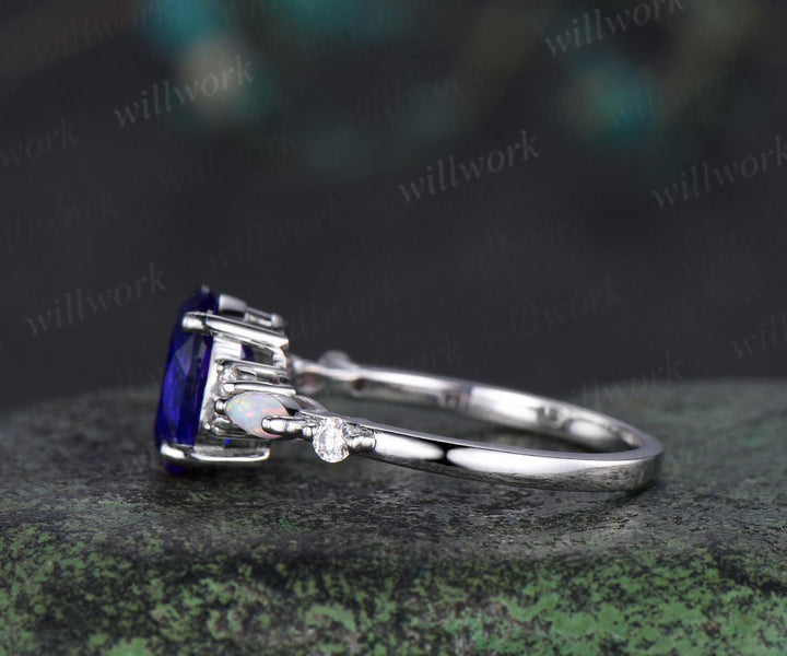 2ct oval cut blue sapphire engagement ring white gold opal diamond wedding ring women September birthstone ring women jewelry