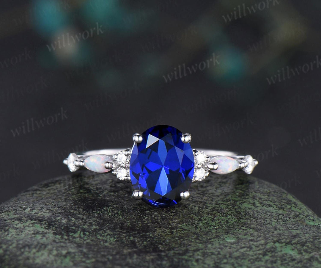 2ct oval cut blue sapphire engagement ring white gold opal diamond wedding ring women September birthstone ring women jewelry