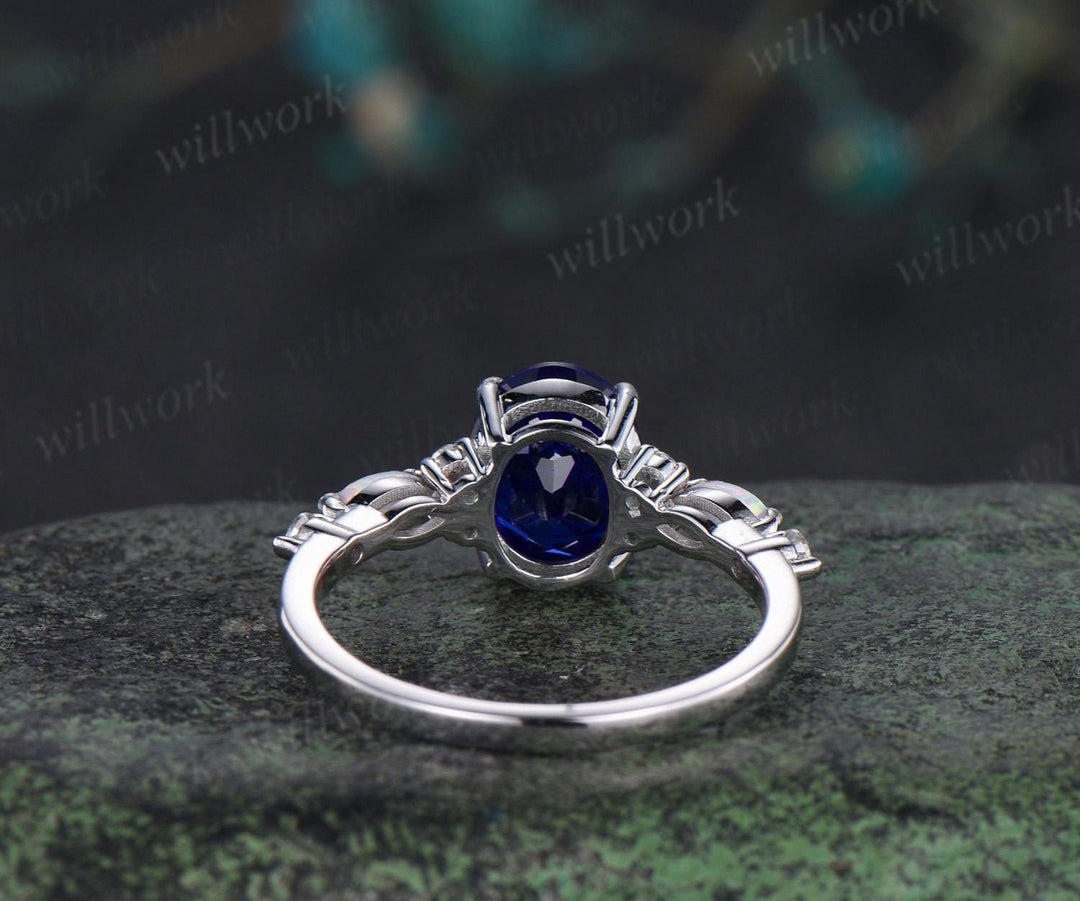 2ct oval cut blue sapphire engagement ring white gold opal diamond wedding ring women September birthstone ring women jewelry