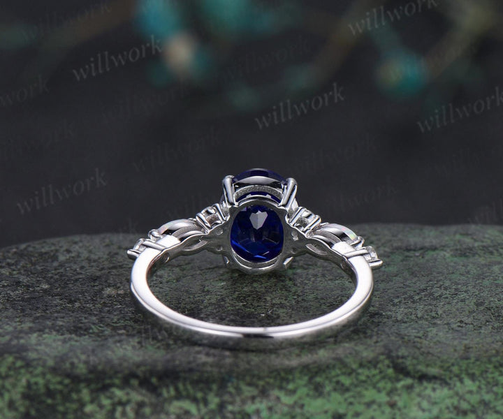 2ct oval cut blue sapphire engagement ring white gold opal diamond wedding ring women September birthstone ring women jewelry