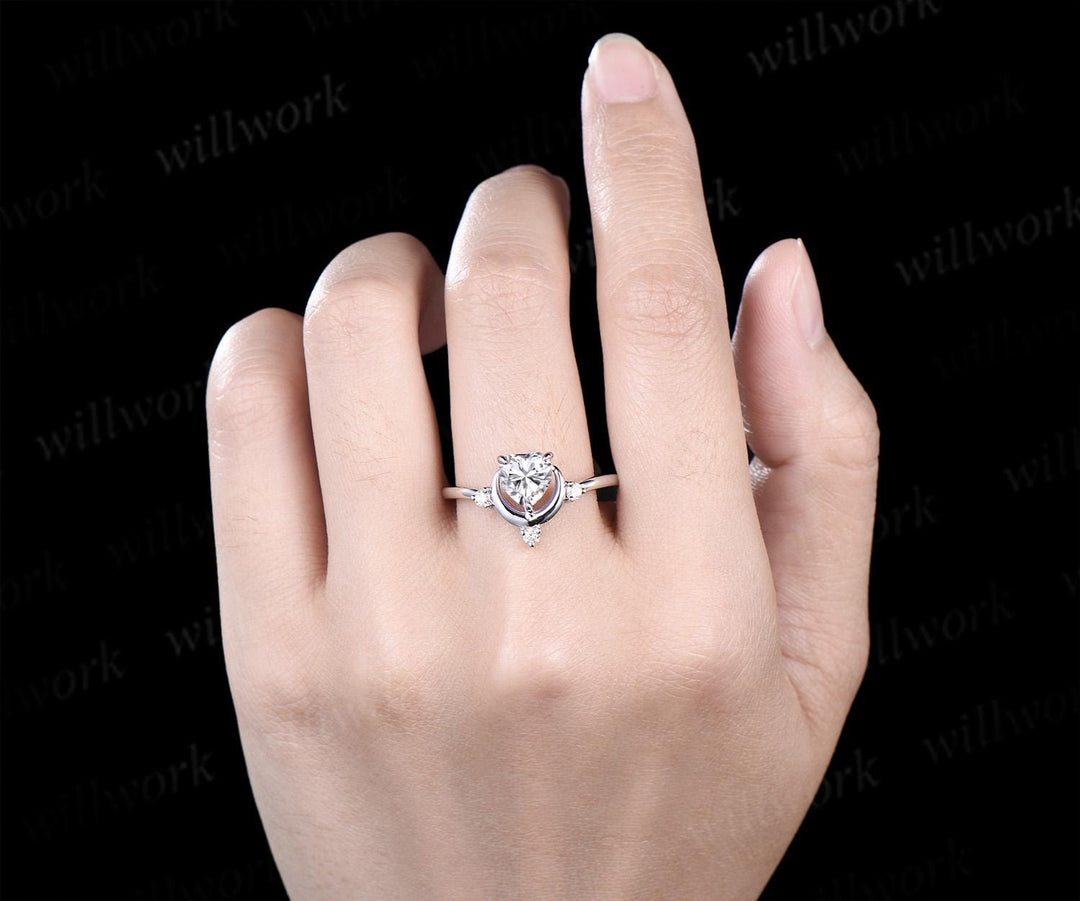 1ct heart cut Lab grown diamond moissanite engagement ring four stone moon promise wedding ring women 14k white gold