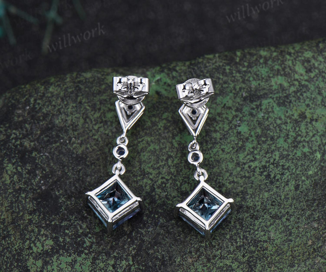 Princess cut aquamarine earrings 14k white gold kite halo sapphire drop earrings women March birthstone anniversary gift for her
