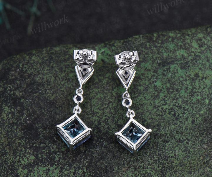 Princess cut aquamarine earrings 14k white gold kite halo sapphire drop earrings women March birthstone anniversary gift for her