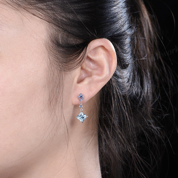 Princess cut aquamarine earrings 14k white gold kite halo sapphire drop earrings women March birthstone anniversary gift for her