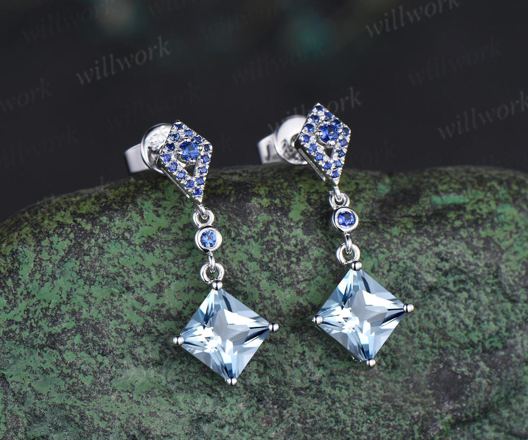 Princess cut aquamarine earrings 14k white gold kite halo sapphire drop earrings women March birthstone anniversary gift for her