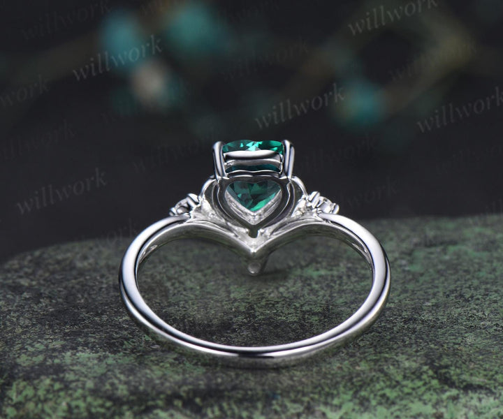 Heart cut emerald ring white gold diamond ring vintage four stone unique moon engagement ring promise wedding ring women dainty gift
