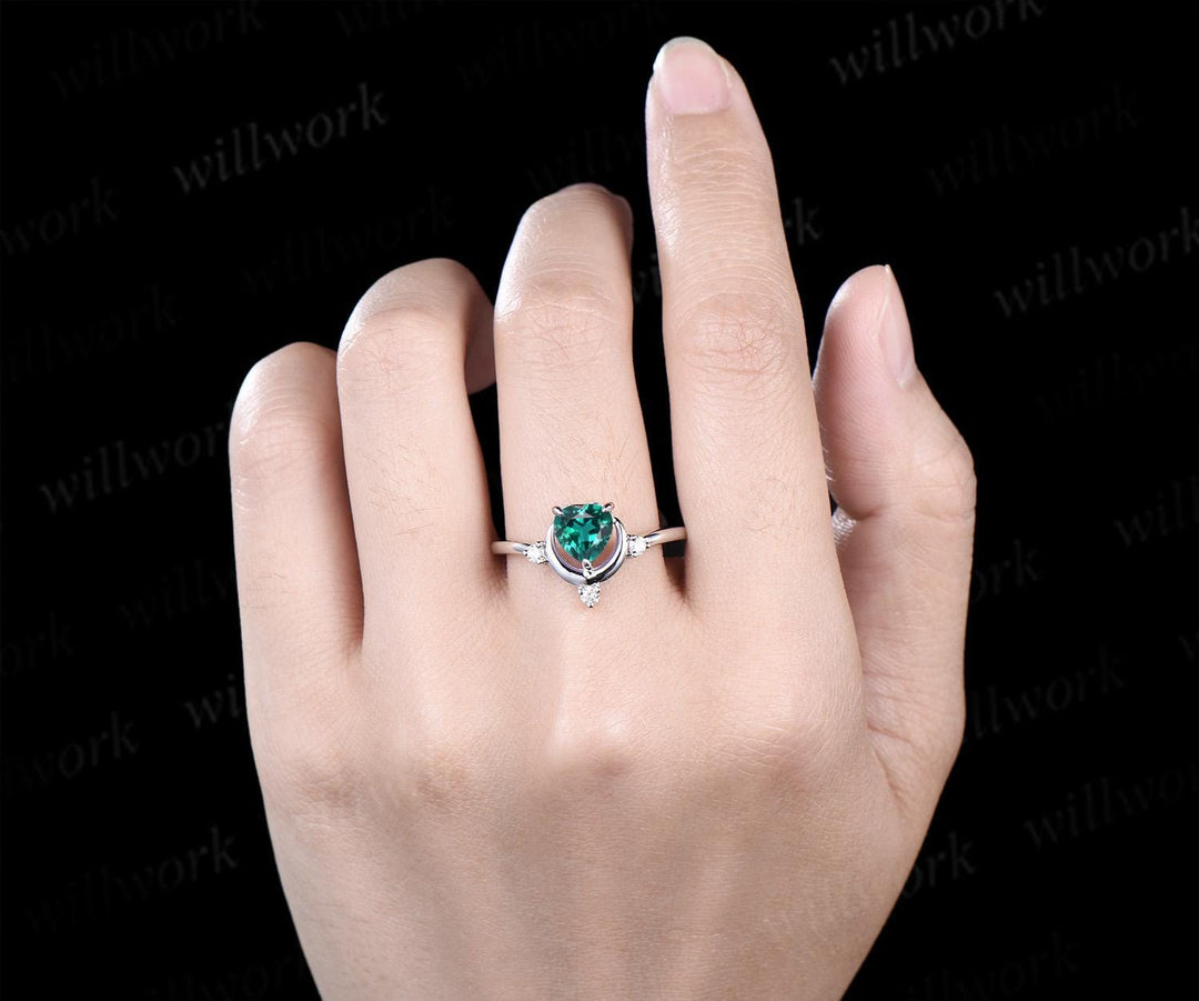 Heart cut emerald ring white gold diamond ring vintage four stone unique moon engagement ring promise wedding ring women dainty gift