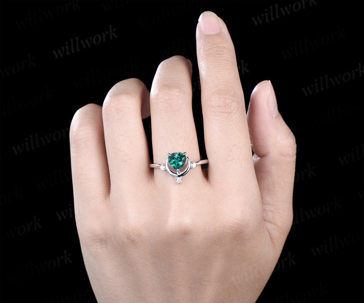 Heart cut emerald ring white gold diamond ring vintage four stone unique moon engagement ring promise wedding ring women dainty gift