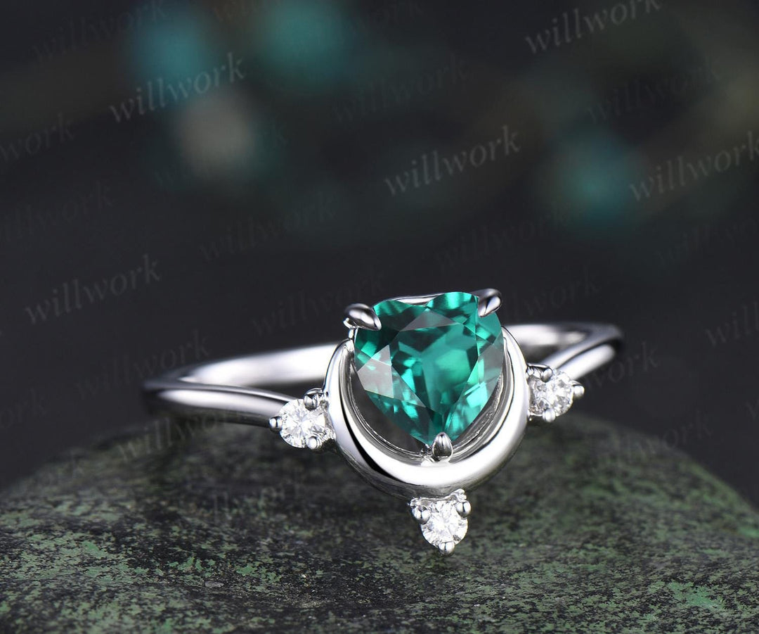 Heart cut emerald ring white gold diamond ring vintage four stone unique moon engagement ring promise wedding ring women dainty gift