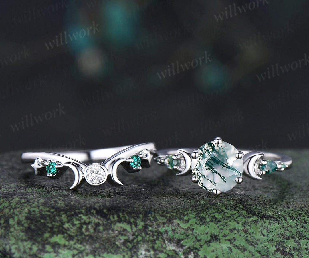 Round natural moss agate ring vintage white gold moon five stone unique engagement ring emerald bezel sun star ring jewelry