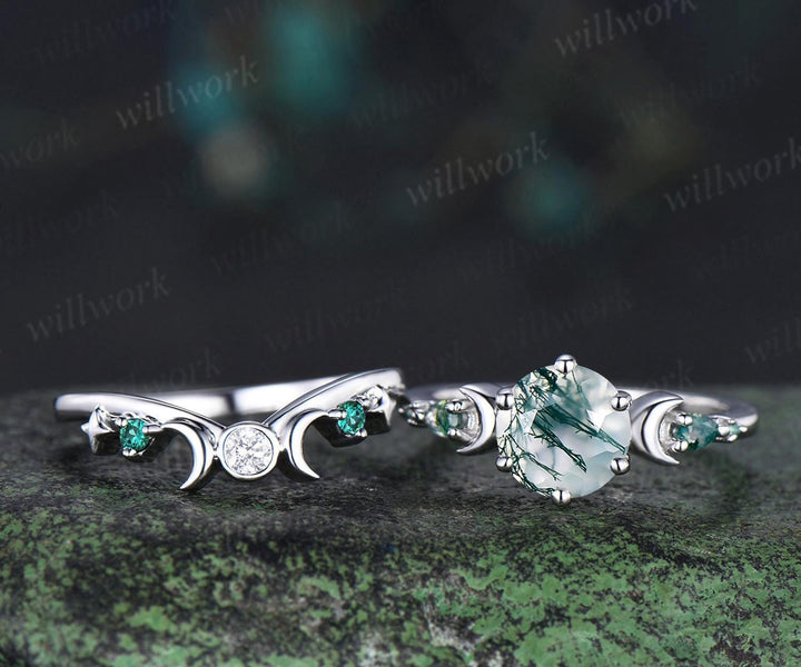Round natural moss agate ring vintage white gold moon five stone unique engagement ring emerald bezel sun star ring jewelry