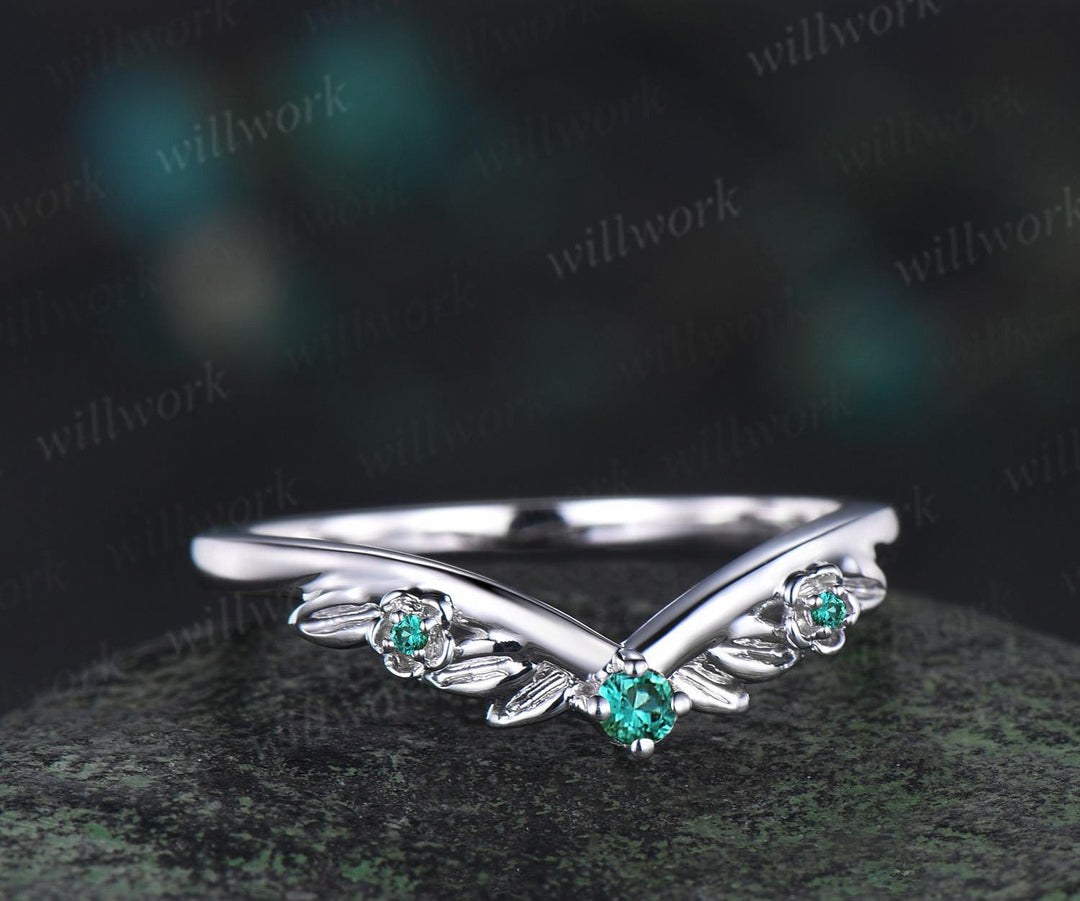 Leaf floral emerald curved wedding band solid 14k white gold nature inspired three stone stacking bridal anniversary ring women gift