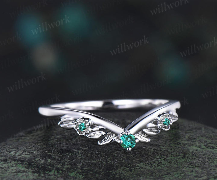 Leaf floral emerald curved wedding band solid 14k white gold nature inspired three stone stacking bridal anniversary ring women gift
