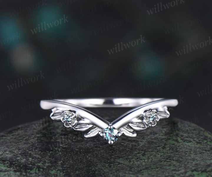 Leaf floral Alexandrite curved wedding band solid 14k white gold nature inspired three stone stacking bridal anniversary ring women gift