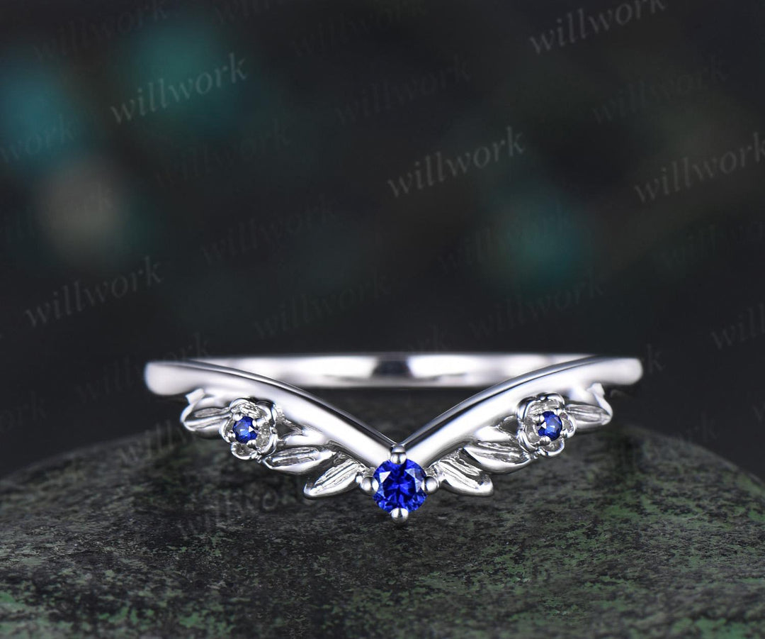 Leaf floral blue sapphire curved wedding band solid 14k white gold nature inspired three stone stacking bridal anniversary ring women gift