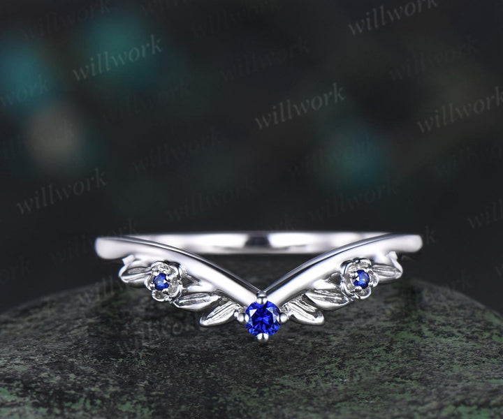 Leaf floral blue sapphire curved wedding band solid 14k white gold nature inspired three stone stacking bridal anniversary ring women gift