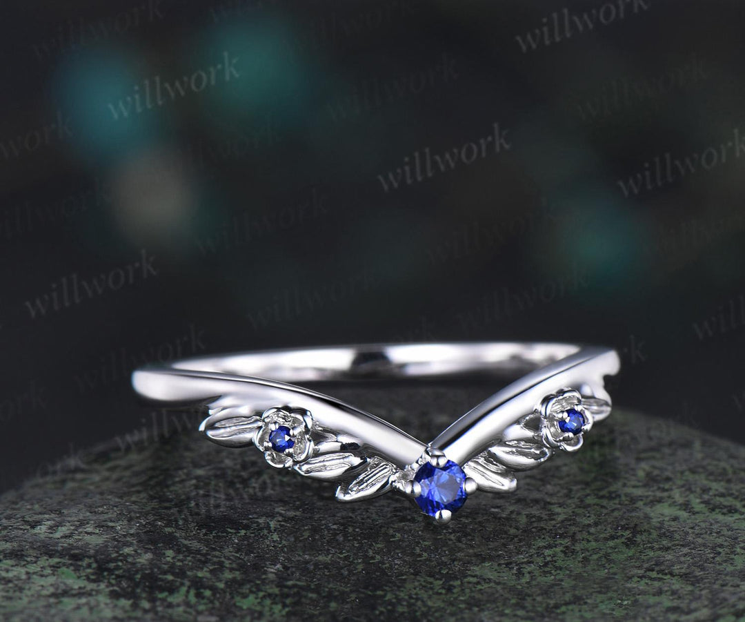 Leaf floral blue sapphire curved wedding band solid 14k white gold nature inspired three stone stacking bridal anniversary ring women gift